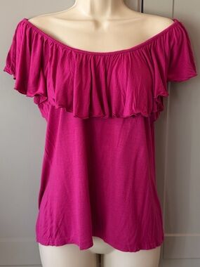 Covington Y2K Pink Ruffle Off Shoulder Peasant Top L/G